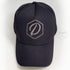 Black 5 Panel Cap, Grey thread, Embroidered D Logo, Front, Above View